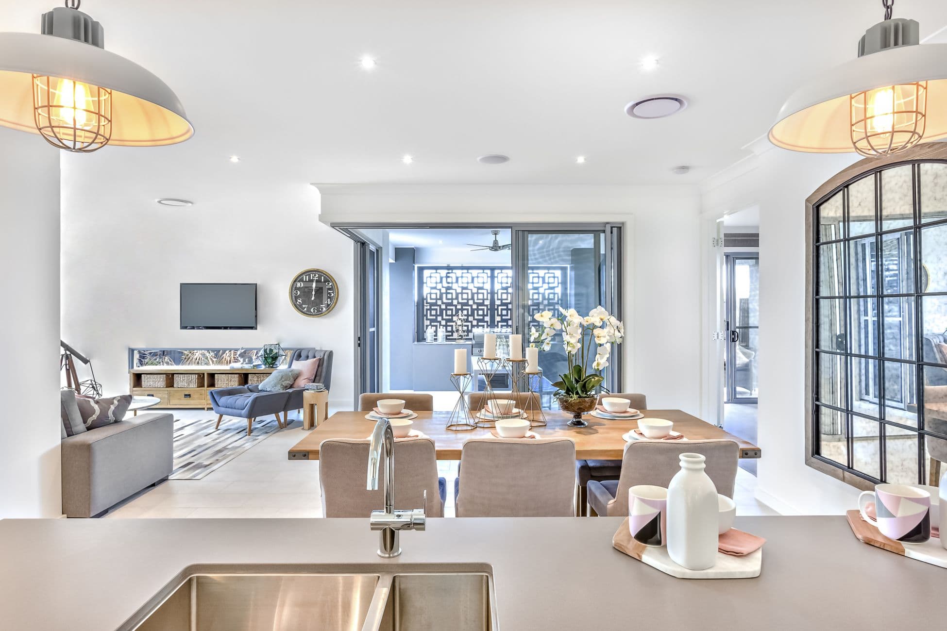 Luxury modern open plan living room, dining room and kitchen