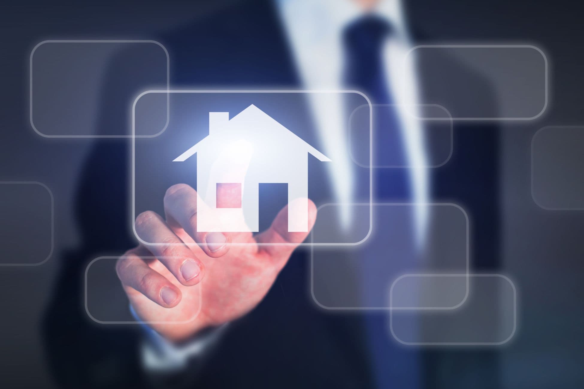 Man in suit pressing a digital home button
